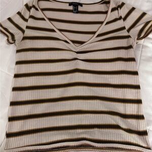 beige brown green striped shirt v neck
